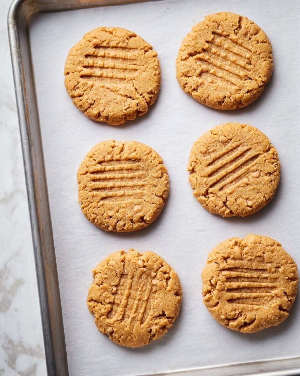 The image shows six round peanut butter cookies arranged on a baking sheet lined with white parchment paper. Each cookie has a light golden-brown color with a slightly rough texture and small bits visible inside, showing peanuts. They all have three clear parallel marks pressed into the top center, likely made by a fork. The baking sheet has a silver-gray rim and the background surface has a white marbled texture. photo taken with an iphone --ar 4:5 --v 7