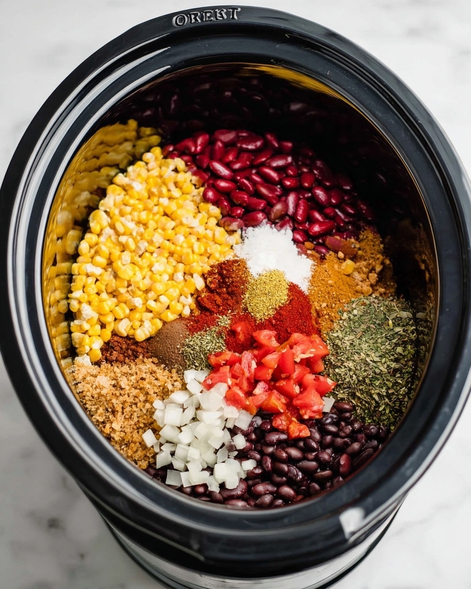 Inside a black slow cooker, there are nine separate layers of food arranged in a circle without mixing. Starting from the top center going clockwise, there is a big pile of yellow corn kernels with smooth texture, next to small red kidney beans that are shiny, then a layer of white diced onions with soft edges. Moving along, there is a sprinkle of bright red chili powder, a small amount of white salt, and a pile of dark brown ground cumin next to it. Beside cumin, there are small dark black beans, then bright red diced tomatoes with a juicy texture, and in the middle there is a small pile of green chopped peppers and mixed dried herbs. The cooker is set on a white marbled surface. photo taken with an iphone --ar 4:5 --v 7