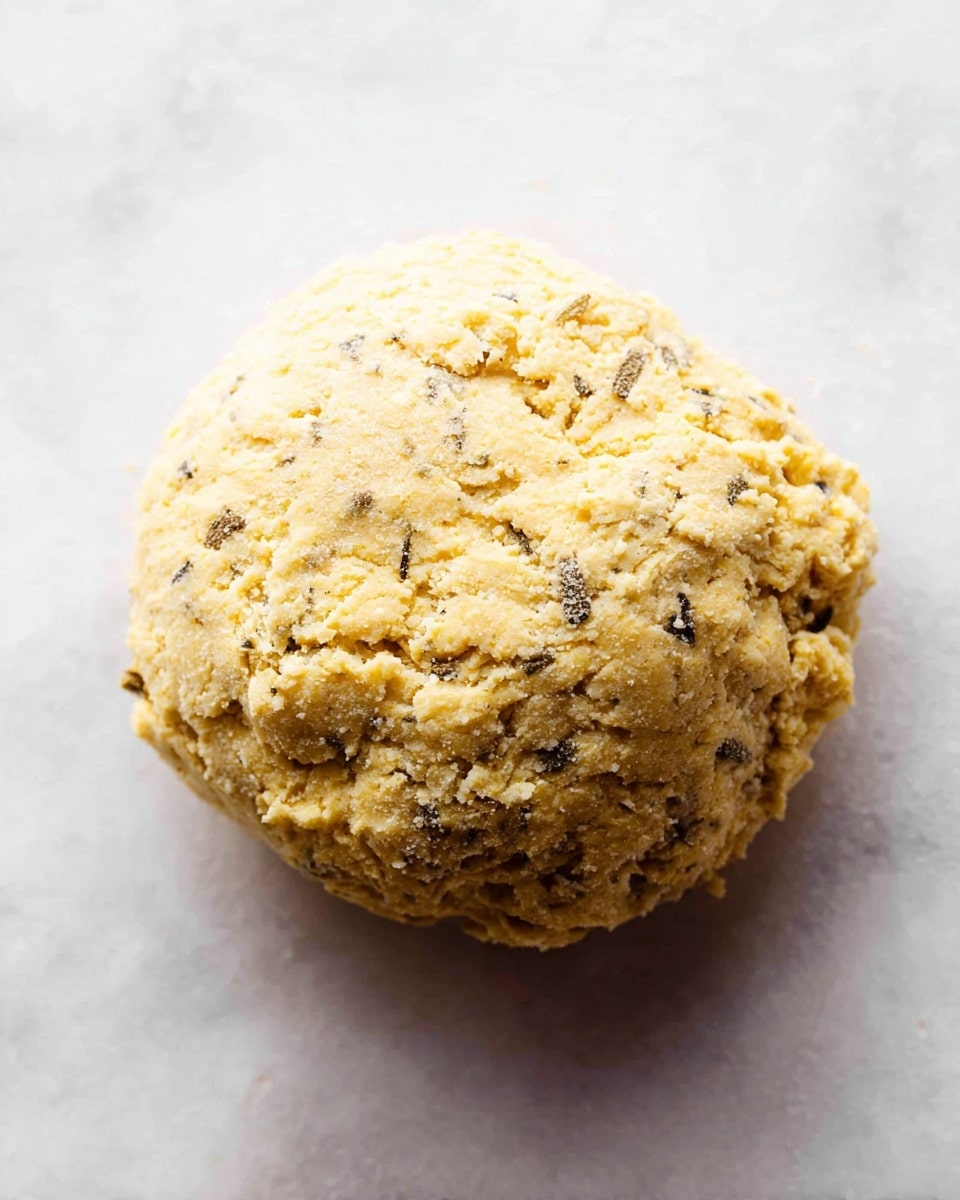 A single ball of dough rests on a white marbled surface. The dough is rough and uneven with a light yellow color mixed with specks of dark herbs or spices scattered throughout. The texture looks crumbly and dry with a cracked appearance on the surface. There are no additional items or layers visible around it, just the simple dough ball standing alone photo taken with an iphone --ar 4:5 --v 7