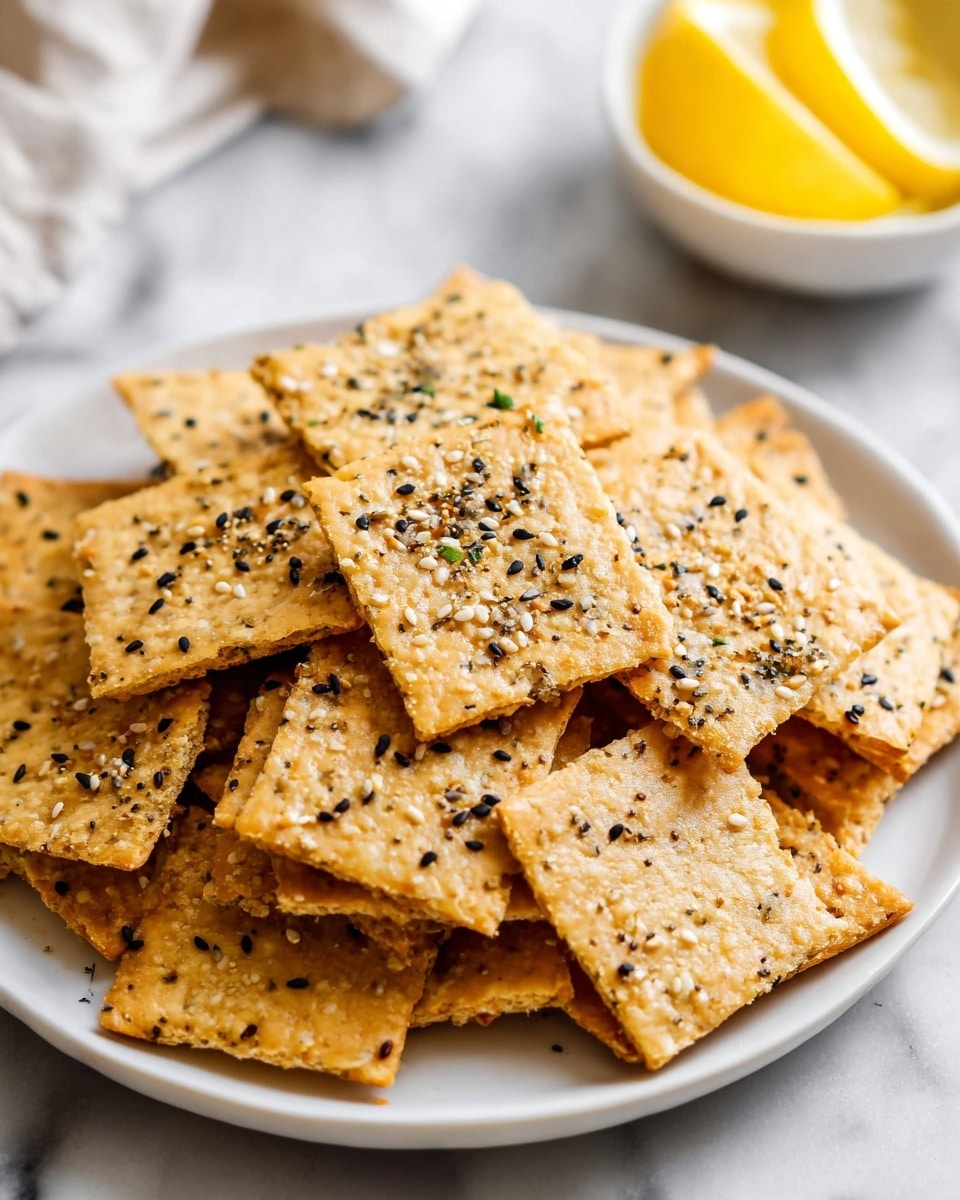 The image shows a white plate full of square crackers stacked in an overlapping way. The crackers have a light golden brown color with a slightly rough texture, sprinkled with black and white sesame seeds and small bits of seasoning on top. The plate is placed on a white marbled surface. In the blurred background on the upper right side, there is a small white bowl filled with lemon slices. photo taken with an iphone --ar 4:5 --v 7