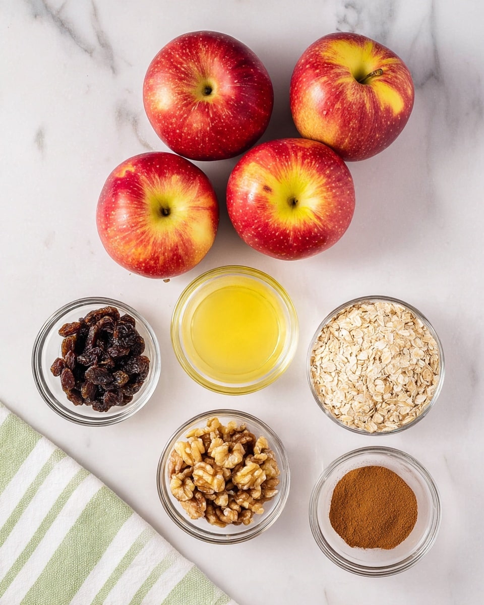 The image shows four red apples with yellow patches placed on a white marbled surface at the top center. Below the apples, there are six small clear glass bowls arranged in a loose semicircle. From the left, the first bowl contains dark raisins, the second bowl holds melted butter with a smooth yellow texture, the third is filled with light beige oats, the fourth has chopped walnuts with a mix of tan and brown colors, the fifth contains brown sugar with a crumbly texture, and the sixth bowl shows a fine pile of brown cinnamon powder. In the bottom left corner, a green and white striped kitchen towel is partly visible. The photo was taken with an iphone --ar 4:5 --v 7