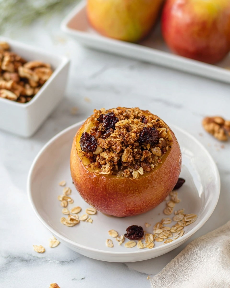 A single baked apple with a deep reddish-yellow skin sits in the middle of a white plate on a white marbled surface. The apple is hollowed out and filled with a crumbly topping made of oat flakes, dark raisins, and walnut pieces, showing a mix of golden brown and dark textures. Some oat flakes and raisins are scattered around the plate and the surface. In the background, there is a white square bowl filled with walnut halves and part of a white rectangular plate holding more whole apples. The overall look is warm and natural with a simple, clean setting. photo taken with an iphone --ar 4:5 --v 7