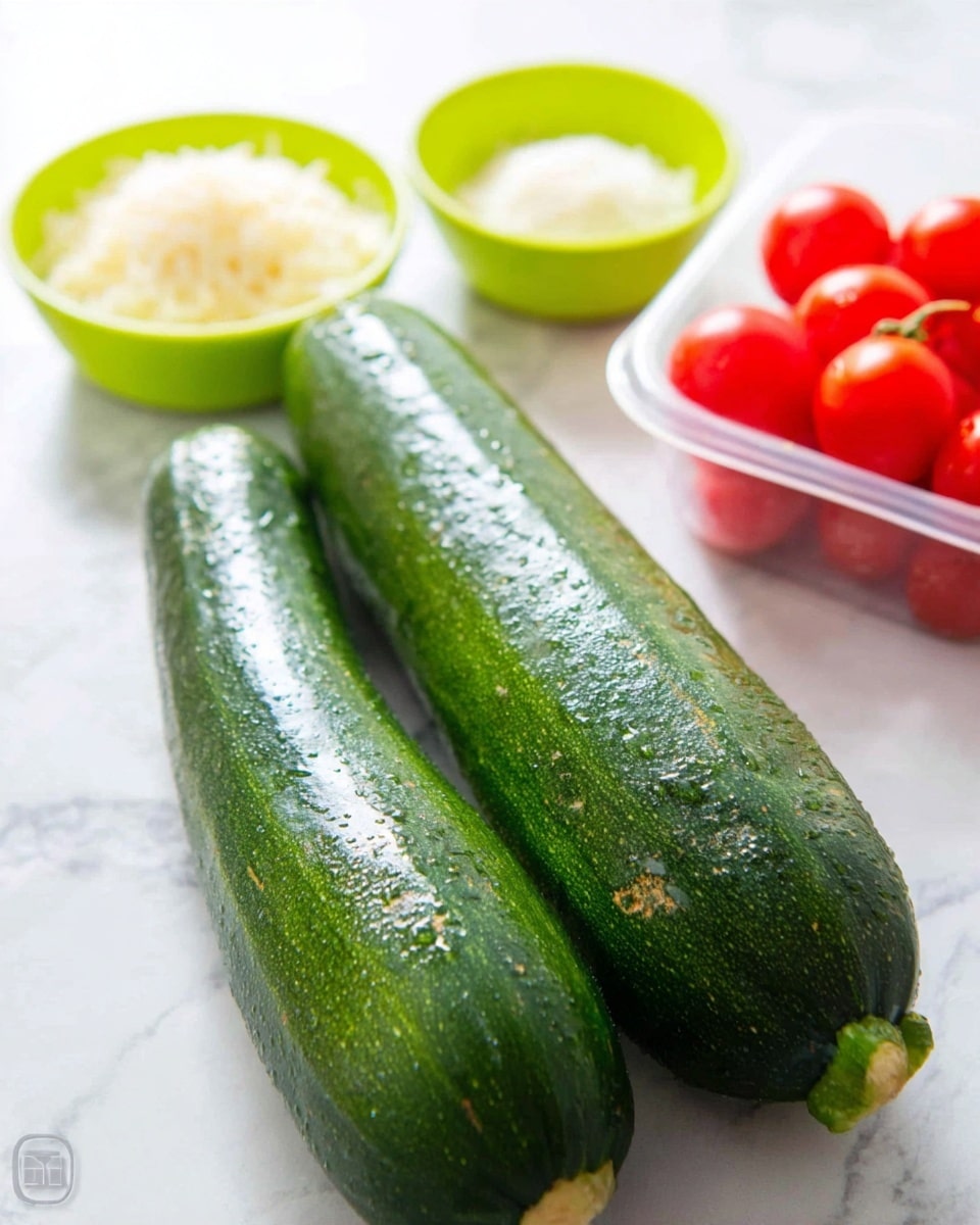 The image shows two fresh green zucchinis with a slightly shiny, wet texture, lying side by side on a white marbled surface. Behind the zucchinis, there are two small bright green bowls, one filled with grated white cheese and the other with a small amount of a white granular ingredient. To the top right, a clear plastic container holds a bunch of small, bright red cherry tomatoes. The lighting is bright and natural, making the colors of the vegetables and bowls stand out clearly. photo taken with an iphone --ar 4:5 --v 7