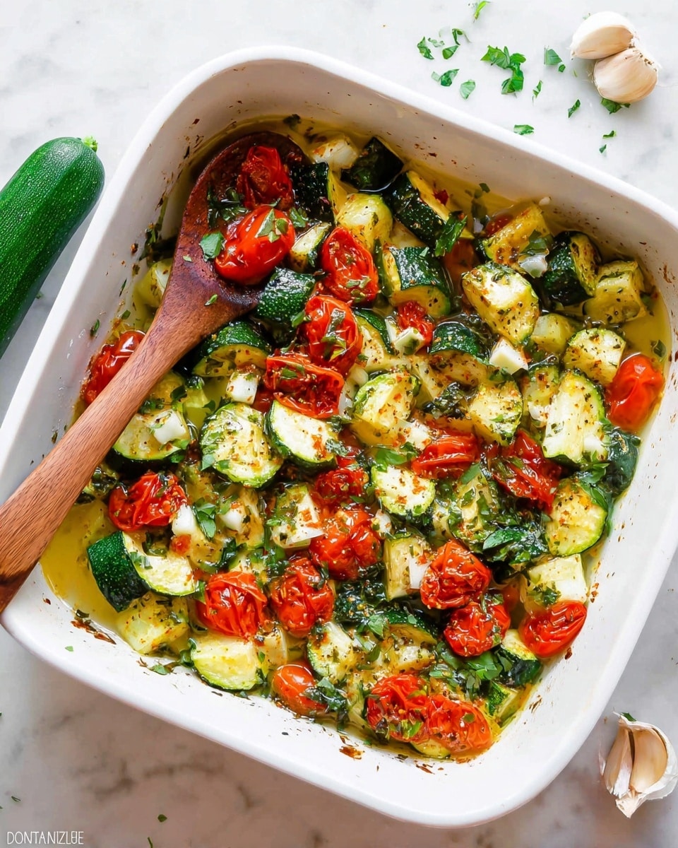 A white square baking dish holds a colorful mix of baked vegetables with about two layers; the bottom layer is light golden juice pooling slightly, and the top layer is chunky pieces of green zucchini with dark green skin, bright red cherry tomato halves, and small white cubes of melted cheese. The vegetables have a roasted texture with some brown spots, sprinkled with green leafy herbs. A wooden spoon rests on the left side inside the dish. The dish sits on a white marbled surface with some whole zucchini, green herb sprinkles, and two garlic cloves placed around it. Photo taken with an iphone --ar 4:5 --v 7