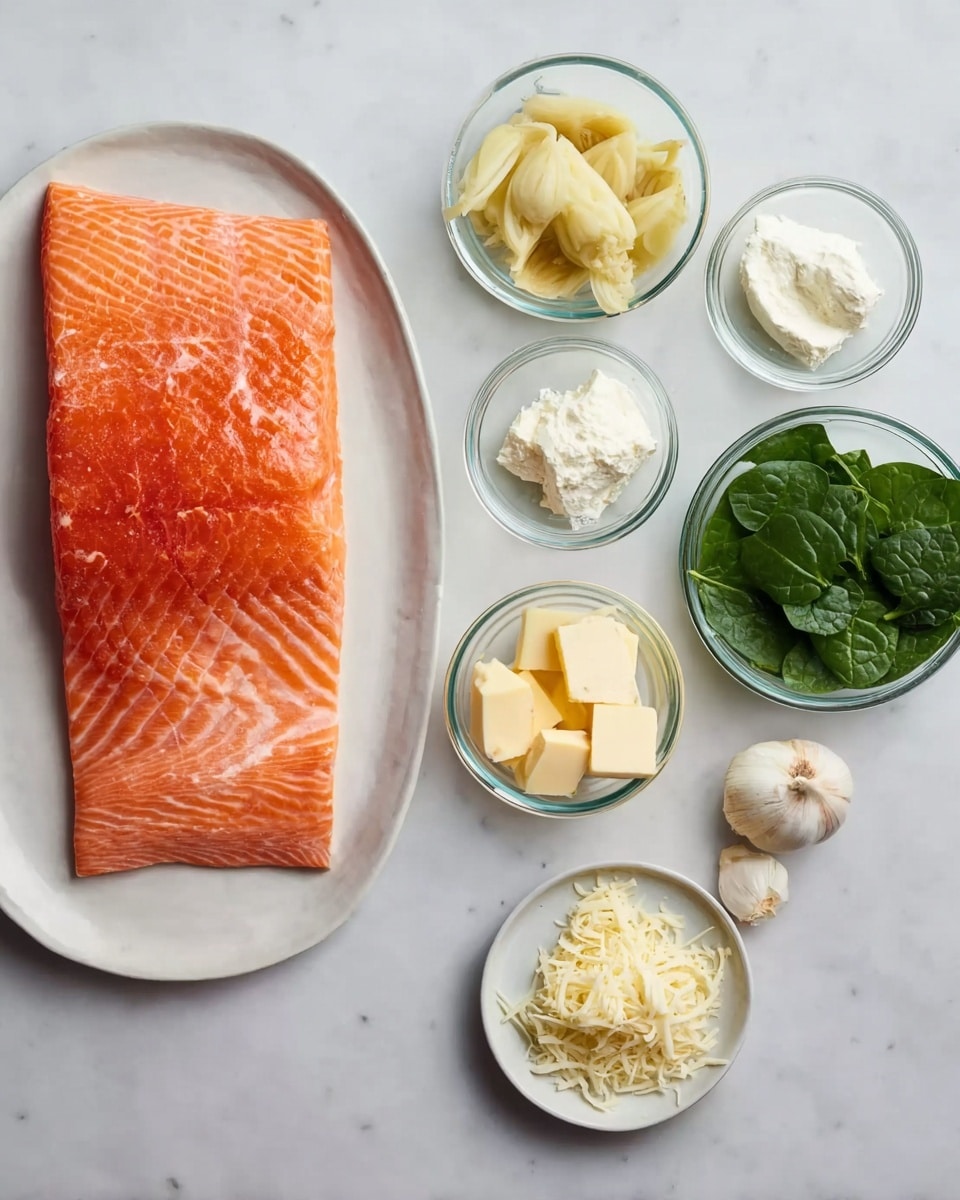 A large raw salmon fillet with a bright orange color and visible white lines rests on a white plate on the left side. To the right, seven small clear glass bowls contain different ingredients: light yellow artichoke hearts at the top left, a small amount of white creamy cheese top right, fresh green spinach leaves below it, a small peeled garlic clove on a small white plate to the far right, soft white cream cheese in the middle left, golden yellow butter cubes below spinach, and finely shredded white cheese at the bottom. All items are arranged on a white marbled surface, photo taken with an iphone --ar 4:5 --v 7