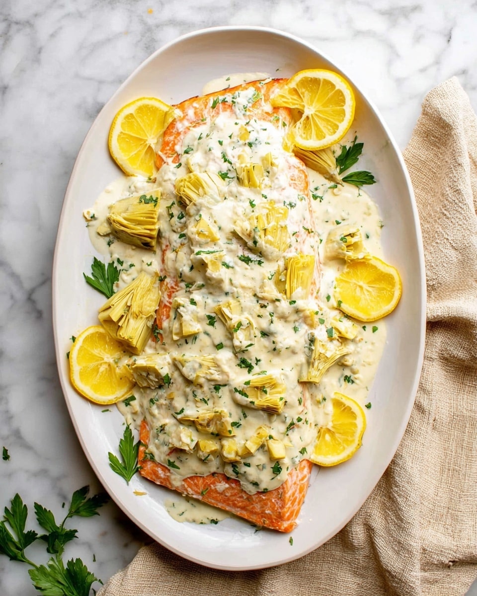 A large piece of cooked salmon lies at the center of a white oval plate, covered with a thick layer of creamy white sauce mixed with herbs and small artichoke pieces. The salmon underneath shows a light orange color around the edges. Several yellow lemon slices are placed around and on top of the salmon, adding bright pops of color. Green parsley leaves are scattered on the plate for decoration. The plate sits on a white marbled surface with a beige cloth nearby. Photo taken with an iphone --ar 4:5 --v 7
