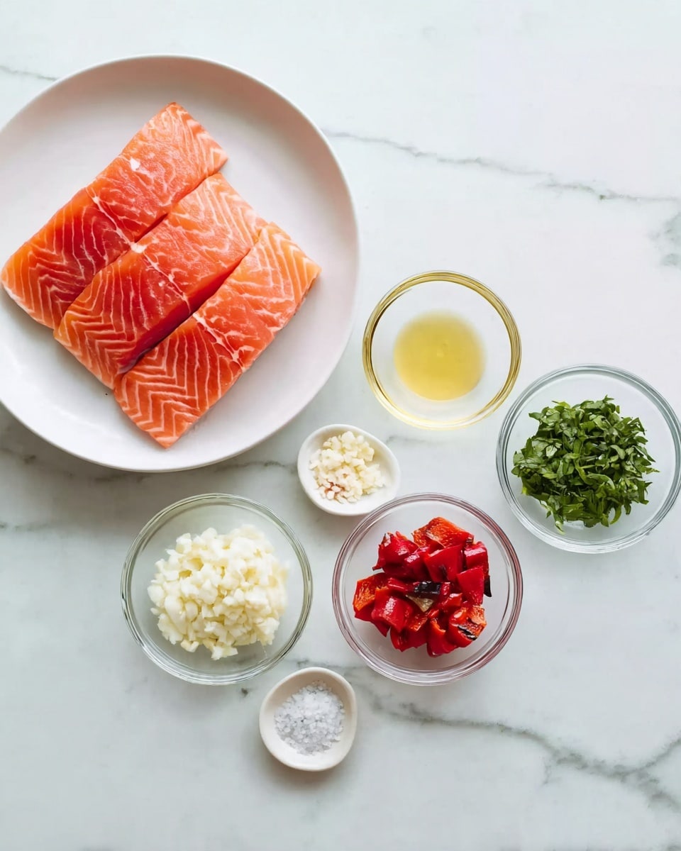 The image shows several small white bowls and a larger white plate with pieces of salmon, all placed on a white marbled surface. On the larger white plate to the left, there are four thick, neatly arranged salmon slices with an orange-pink color and fine white lines. Surrounding the plate are five small clear glass bowls holding different ingredients: finely chopped white garlic, chopped fresh green herbs, a golden yellow liquid (likely oil), a small amount of coarse white salt, and bright red roasted pepper pieces with some black charred spots. The scene is bright and clean with a clear view of each ingredient arranged carefully. Photo taken with an iphone --ar 4:5 --v 7