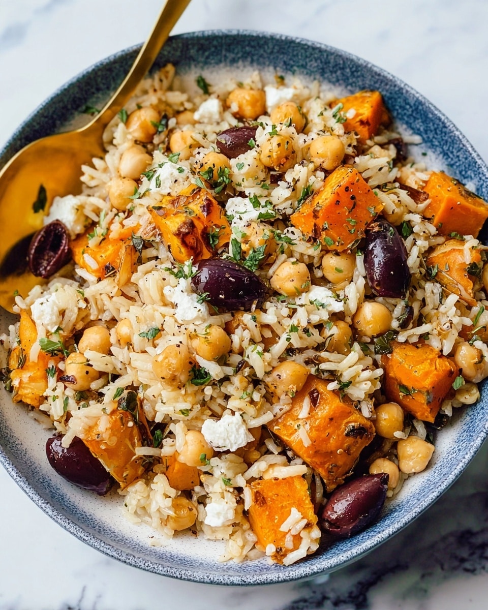 A white bowl filled with a mix of cooked rice, orange chunks of roasted squash, round tan chickpeas, dark purple olives, and small pieces of white cheese, all sprinkled with chopped green herbs and black pepper, showing a textured, colorful mix of soft and firm ingredients, a gold spoon partially buried on the left side, set on a white marbled surface photo taken with an iphone --ar 4:5 --v 7