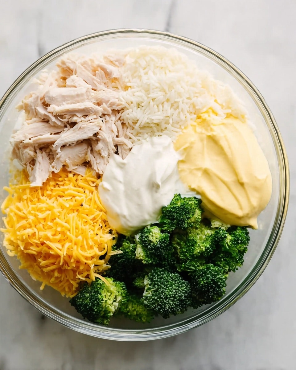 A clear glass bowl on a white marbled surface holds six main layers of ingredients arranged separately: at the top left, shredded light pink cooked chicken; below it, cooked white rice; next to the rice, fresh dark green broccoli florets; to the right of the broccoli, bright yellow shredded cheese; above the cheese, a dollop of white creamy sour cream; and to the far right, a smooth pale yellow layer of mayonnaise. The ingredients fill the bowl without mixing. Photo taken with an iphone --ar 4:5 --v 7