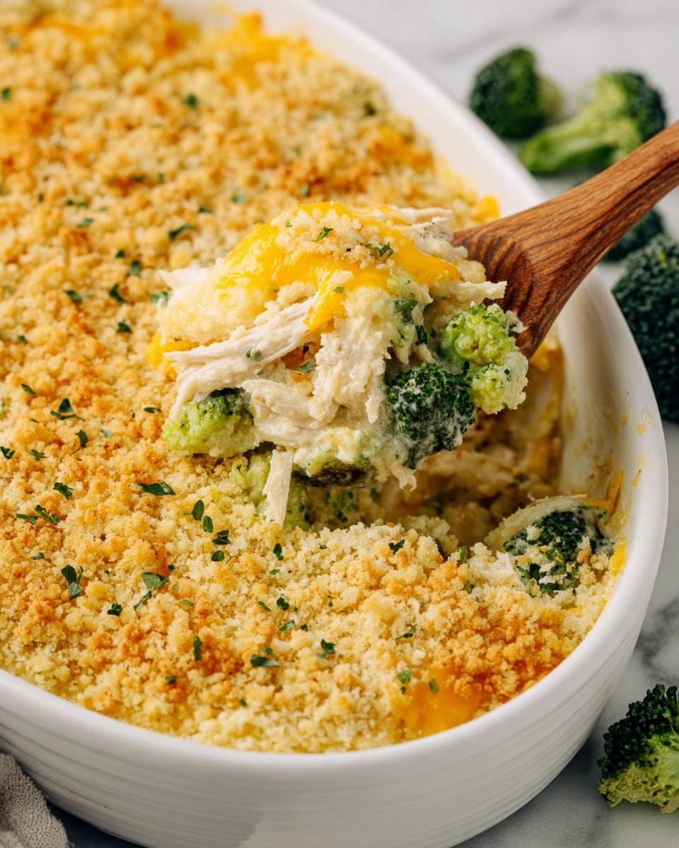A white oval dish filled with a three-layer baked casserole. The bottom layer has soft, white shredded chicken mixed with green broccoli pieces. The middle layer is made of melted yellow cheese melted through the chicken and broccoli, blending with the white sauce underneath. The top layer is a light golden crumbly crust evenly spread and sprinkled with small green herbs. A wooden spoon is lifting a fluffy portion showing all layers inside. The background is a white marbled texture with some fresh broccoli florets near the dish. photo taken with an iphone --ar 4:5 --v 7