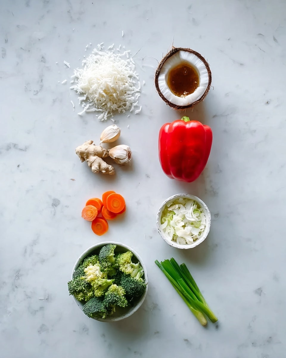 The image shows a white marbled surface with eight ingredients arranged in two vertical columns. In the left column from top to bottom, there is a small pile of white shredded coconut, a halved brown coconut shell with brown liquid inside, a small piece of fresh ginger, two small garlic cloves, a halved shallot, and an orange carrot. The right column from top to bottom has a whole red bell pepper, a small white bowl filled with green broccoli florets, a small white bowl filled with white shredded coconut, and a green spring onion. The composition is neat and bright with natural light. photo taken with an iphone --ar 4:5 --v 7