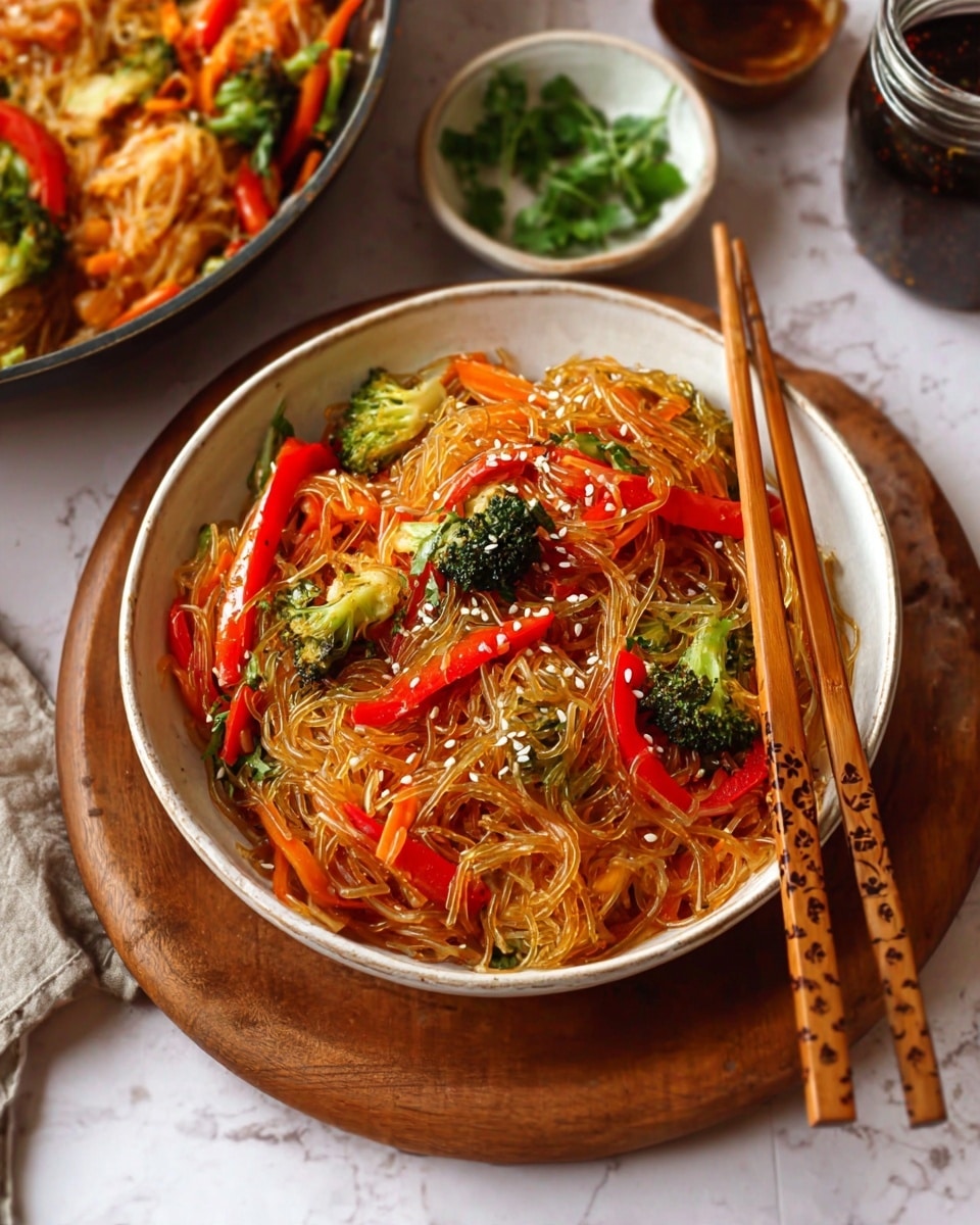 A white bowl full of glass noodles mixed with bright red bell pepper strips, small green broccoli florets, and thin orange carrot slices, all tossed together with a light brown sauce. The noodles look soft and glossy, sprinkled with small white sesame seeds on top. Two wooden chopsticks with carved patterns rest on the bowl’s edge. The bowl is placed on a round wooden board on a white marbled surface. In the background, a woman's hand is holding a pan with more of the noodle dish, and a small bowl with green leafy herbs and a jar with dark sauce are also visible. Photo taken with an iphone --ar 4:5 --v 7