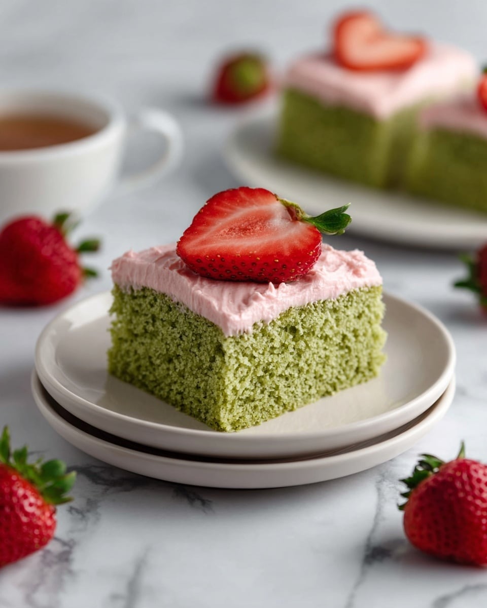 A square slice of green cake with a soft, spongy texture sits on a stack of two white plates on a white marbled surface. The cake has a thick pink frosting layer on top, which looks creamy and smooth. Two strawberry pieces one whole and one sliced rest on the frosting. Fresh whole strawberries are placed around the plate and are scattered on the white marbled surface in the background. Another piece of the same cake is blurred out in the back, on another white plate. The scene is bright and clear, with a soft focus on the front cake piece. Photo taken with an iphone --ar 4:5 --v 7