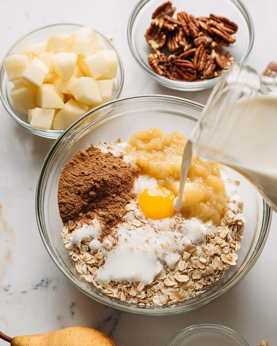 A clear glass bowl sits on a white marbled surface holding layers of ingredients for baking: two bright yellow egg yolks at the bottom, surrounded by light beige oats. On the left, a pile of brown cinnamon powder and light tan ginger powder rests on the oats. A thick, pale yellow applesauce layer covers part of the oats on the right side. White yogurt drizzles over the eggs and oats near the front, while a woman's hand pours white milk from a clear glass jar into the bowl. In the background, two smaller clear bowls sit side by side, one filled with small diced white pears with light brown skin and the other with whole brown pecans. Photo taken with an iphone --ar 4:5 --v 7