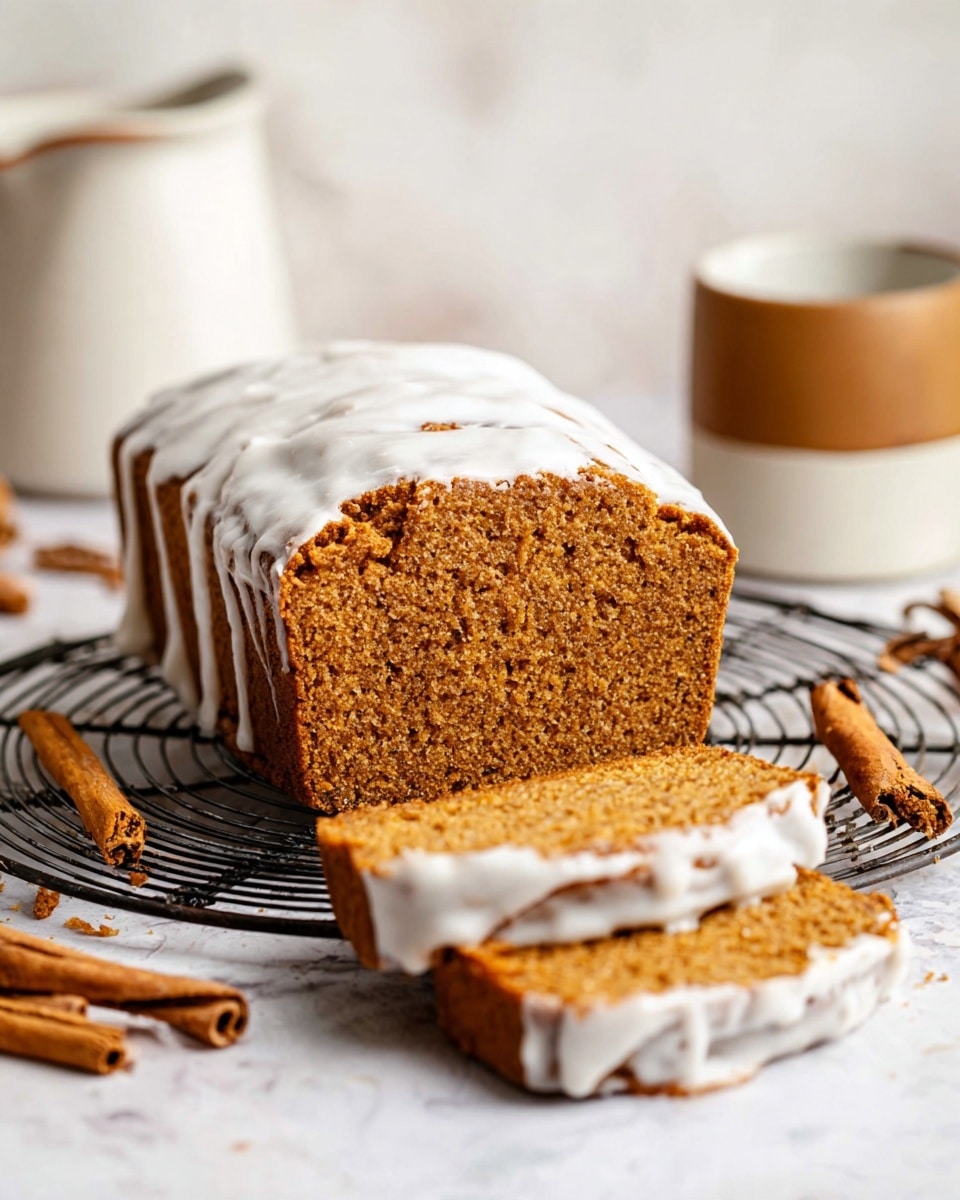 A loaf of moist brown cake with a soft, porous texture sits on a round wire rack on a white marbled surface. The cake has a smooth white icing drizzled over the top layer, slightly melting down the sides. One thick slice is cut from the loaf, showing the inside texture, while two smaller slices rest in the foreground with icing drizzled unevenly on them. Around the wire rack, several cinnamon sticks are placed casually. The background is softly blurred, showing part of a white cup with a brown bottom and a white jug. photo taken with an iphone --ar 4:5 --v 7