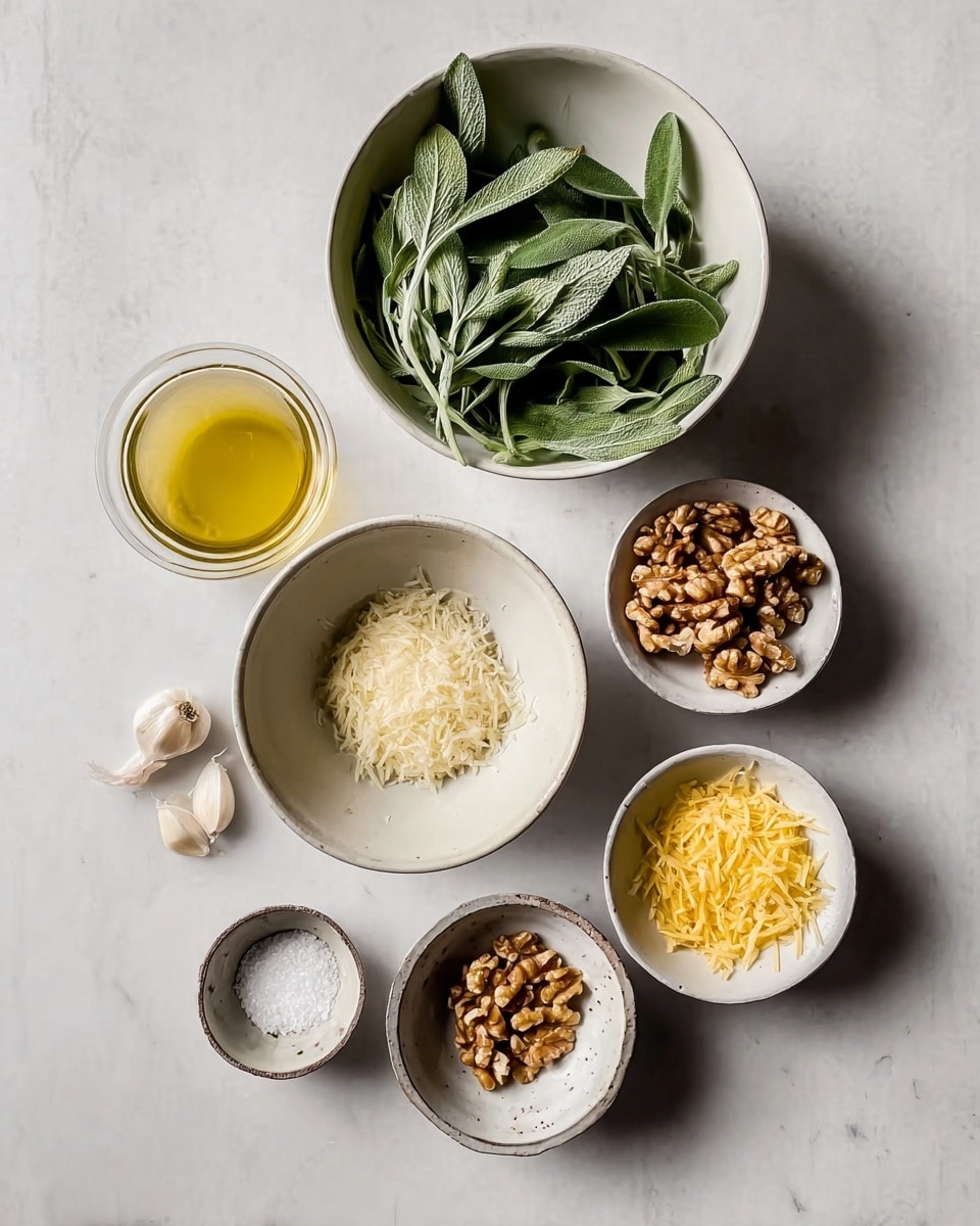 The image shows seven small white bowls and two garlic cloves arranged on a white marbled surface. The largest bowl is filled with golden olive oil at the bottom center. Next to it, there is a bowl with toasted walnuts to the right. Above these, there is a bowl with finely grated cheese in the center. To the left of the cheese bowl, a bowl contains clear liquid, likely lemon juice. Above the cheese bowl, a larger bowl is filled with fresh green sage leaves. To the right of the sage bowl, a bowl holds finely grated yellow lemon zest. To the left of the sage bowl, a small bowl contains coarse salt. Two garlic cloves rest at the bottom left of the composition. The scene is simple with a soft natural light. photo taken with an iphone --ar 4:5 --v 7