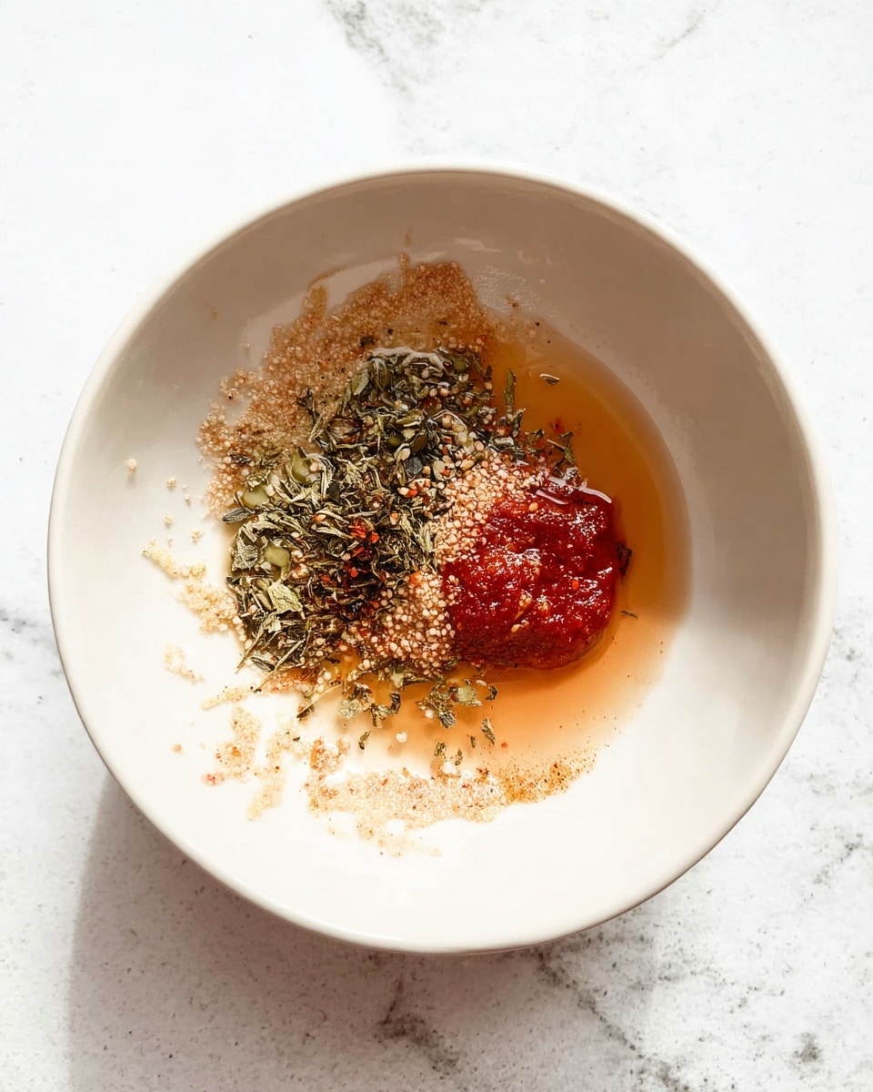 A white bowl sits on a white marbled surface, containing several ingredients arranged in a small pile at the center. There is a reddish paste on the right side, a pile of green dried herbs on the left, and a light brown liquid spreading beneath them. A light dusting of fine seasonings is scattered around, covering parts of the liquid and the bowl’s base. The overall scene is bright with soft natural light. photo taken with an iphone --ar 4:5 --v 7