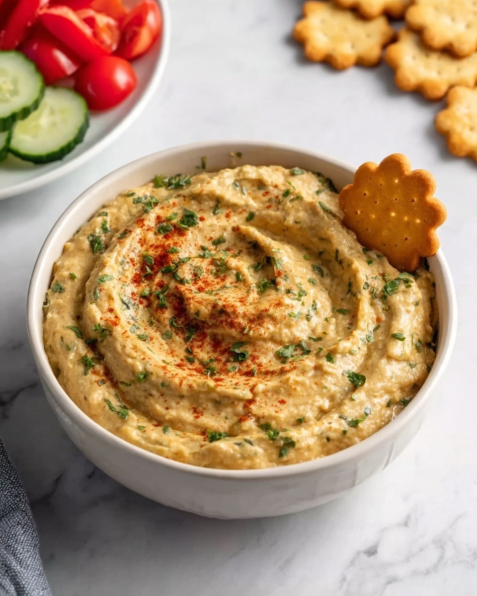 A white bowl filled with creamy beige hummus decorated with a sprinkle of green herbs and a dash of red paprika on top, featuring a swirl texture on the surface. A single golden, flower-shaped cracker is placed partially inside the hummus on the right side. The bowl rests on a white marbled surface. In the background to the upper left, a white plate holds small red peppers and cucumber slices, while to the upper right, some more flower-shaped crackers are scattered. photo taken with an iphone --ar 4:5 --v 7