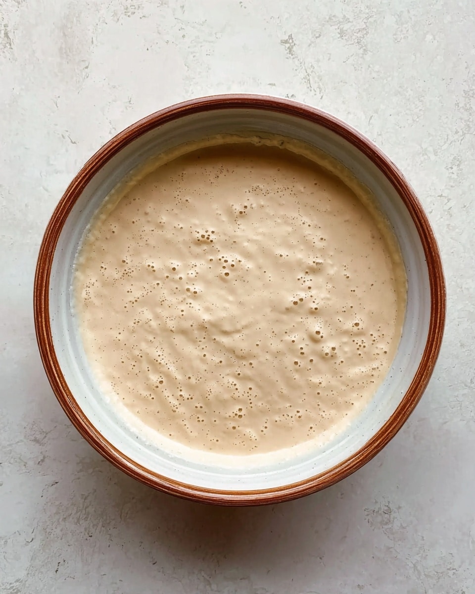 A round white bowl with a brown rim holds a creamy batter with small bubbles and a smooth but slightly textured surface. The batter is light beige in color and fills most of the bowl, appearing thick but soft. The bowl is placed on a white marbled surface with subtle gray veins. photo taken with an iphone --ar 4:5 --v 7