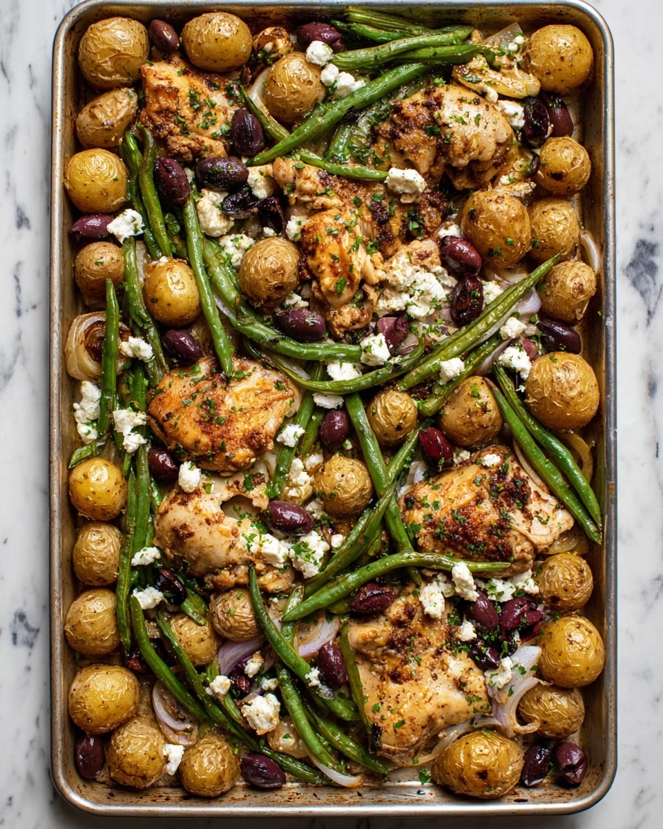 A metal baking tray filled with a single layer of food featuring golden brown roasted chicken pieces with a slightly crispy texture, scattered baby potatoes both whole and halved with a golden crispy skin, and bright green roasted green beans placed in between. There are dark purple olives and light crumbled white feta cheese evenly spread across the tray. Some pieces of slightly softened cooked onions add texture, sprinkled with small bits of green herbs for garnish. The tray rests on a white marbled surface. photo taken with an iphone --ar 4:5 --v 7