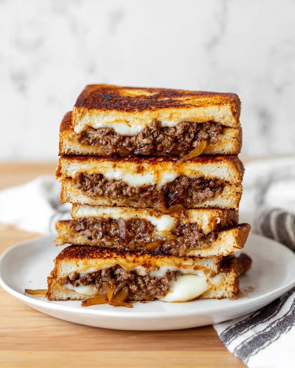 A stack of four sandwich halves is placed on a white plate. Each sandwich has a golden-brown toasted bread layer on the top and bottom, with a texture showing slight crispiness. Inside, there is a layer of browned ground meat mixed with caramelized onions, which are soft and slightly translucent, nestled between layers of melted white cheese that looks creamy and smooth. The sandwiches are stacked unevenly on top of each other, showing the cross-section of their contents clearly. The plate is on a light wooden surface, with a white cloth that has black stripes partially visible on the right side. The background is a white marbled texture. photo taken with an iphone --ar 4:5 --v 7