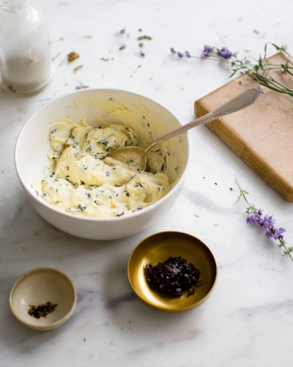 A white bowl sits on a white marbled surface filled with a creamy pale yellow mixture with small green herb pieces, and a spoon resting inside the bowl. In front of the bowl, there are two small round dishes, one bigger gold dish containing dark brown condiment and the smaller dish to its left with a few small dark bits. To the right of the bowl, there is a wooden cutting board and some small purple flower sprigs scattered on the white marbled surface. Photo taken with an iphone --ar 4:5 --v 7