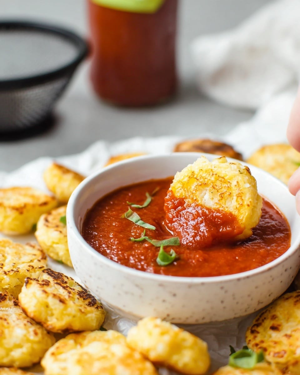 A white small bowl filled with thick bright red sauce topped with small green herb slices sits on a white marbled surface. Surrounding the bowl are many small round, golden crispy snacks with a slightly browned grilled texture. One snack is held by a woman's hand dipping into the sauce. In the background, a blurred bottle of the same red sauce and a black colander are visible. photo taken with an iphone --ar 4:5 --v 7