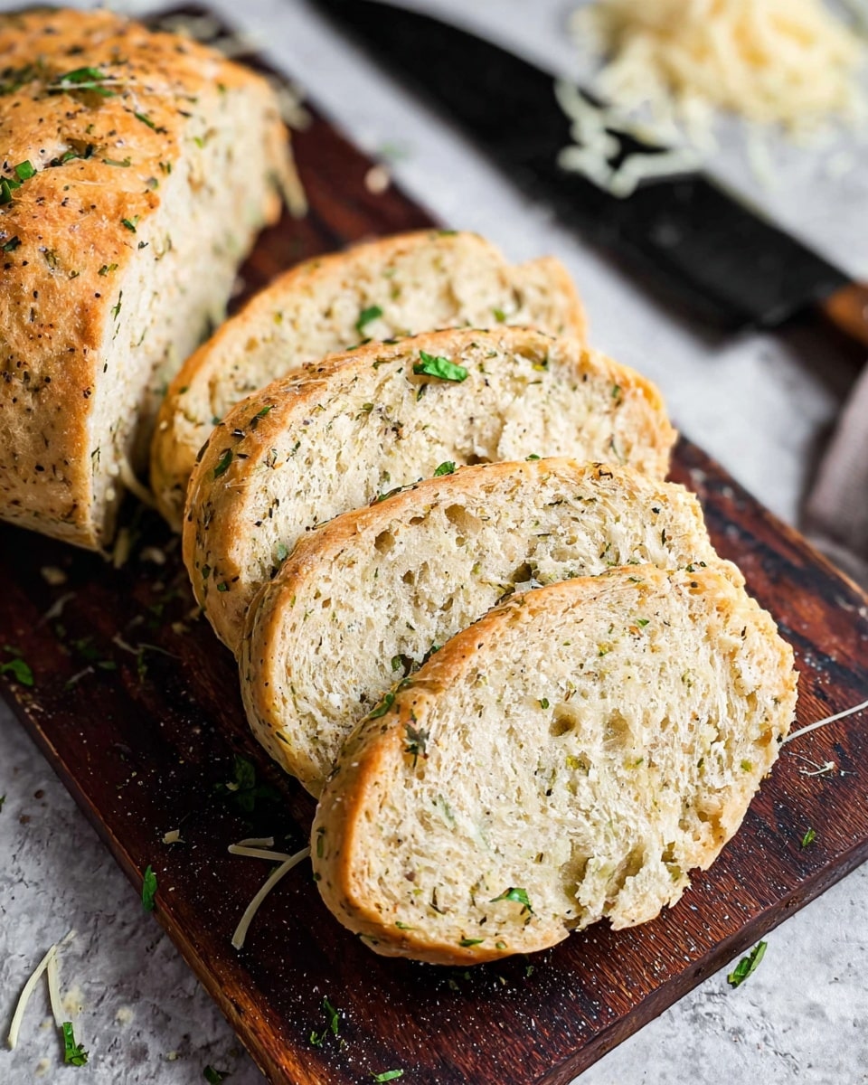 The image shows a loaf of bread sliced into four thick pieces laid out on a dark wooden cutting board. The bread has a light golden crust with a rough, textured surface and a soft, airy inside dotted with small herbs and black pepper bits. Fresh green herb bits are scattered on and around the bread. There is a large black knife placed next to the slices on a white marbled surface, with some scattered shredded cheese visible in the background. photo taken with an iphone --ar 4:5 --v 7