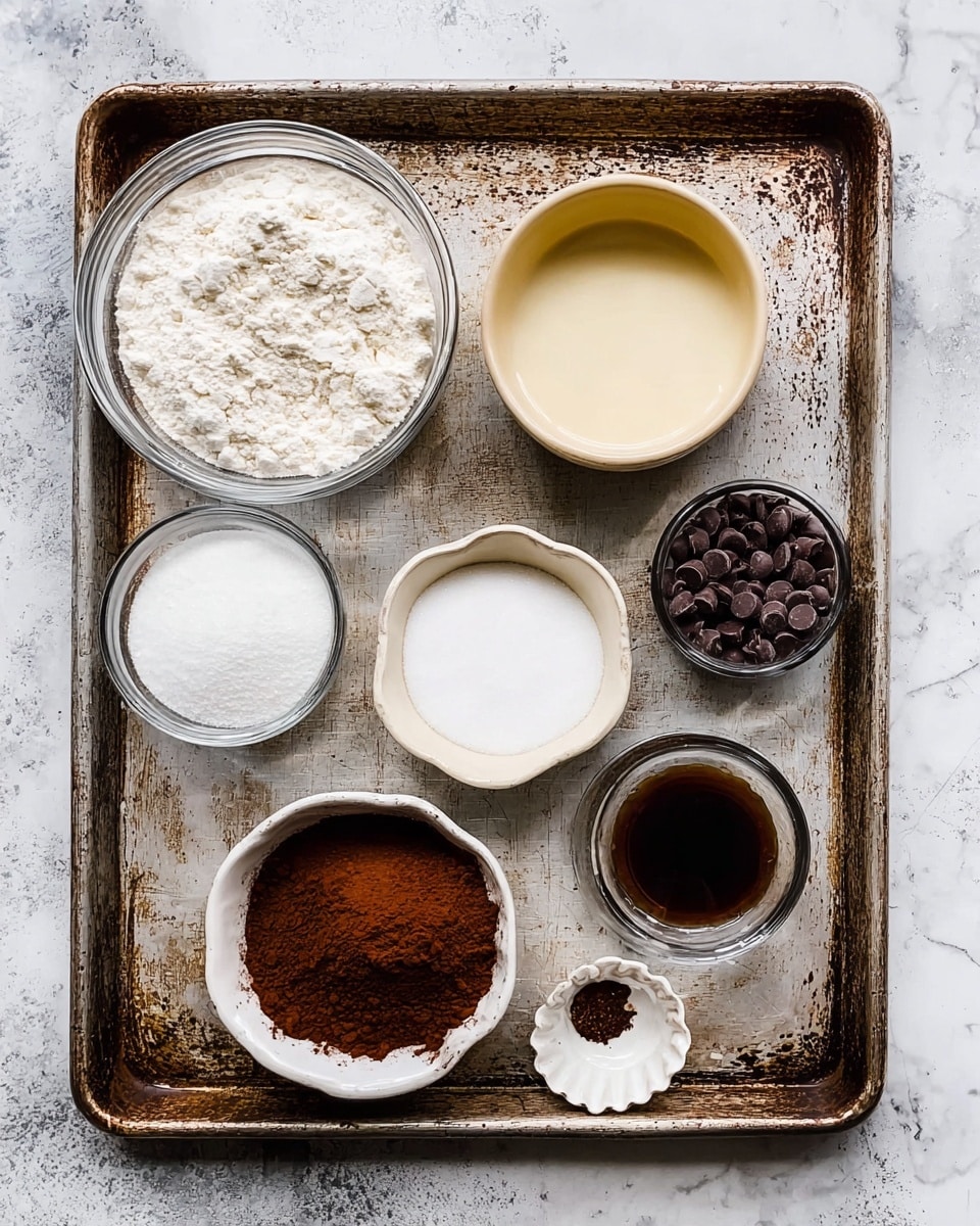 Seven small bowls with different ingredients are placed inside a worn metal baking tray on a white marbled surface. In the top left corner, there is a clear glass bowl filled with white flour. Next to it, on the right, is a beige bowl with white powder. To its right, another clear glass bowl holds a white liquid. Below the flour bowl, a white bowl contains granulated white sugar. Next to it, a white bowl is filled with brown cocoa powder. To the right of the cocoa bowl, a tiny glass container holds dark brown vanilla extract. Above the vanilla, a small white bowl with a scalloped edge holds dark chocolate chips. The bowls are arranged in a slightly scattered but orderly manner. photo taken with an iphone --ar 4:5 --v 7
