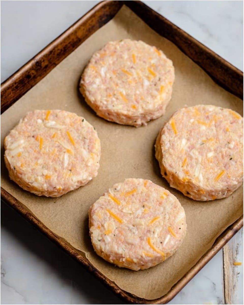 Cheddar Ranch Chicken Burgers Recipe 4 The image shows four uncooked patties placed on a baking tray lined with brown parchment paper. Each patty is round, slightly flat, and has a pale pink color with visible small pieces of white onion and shredded orange cheese mixed evenly throughout the surface. The texture looks soft and moist with a few small cracks. The baking tray rests on a white marbled background. Photo taken with an iphone --ar 4:5 --v 7