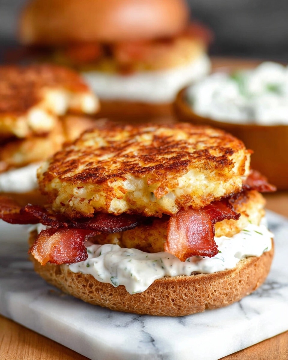 The image shows a sandwich with three main layers on a white marbled surface. The bottom layer is a toasted whole wheat bun spread with white creamy sauce with herbs. Above the sauce, there are several crispy strips of reddish-brown bacon. The next layer is a golden-brown, slightly crispy patty with visible pieces of onion or similar texture. The top layer is the toasted whole wheat bun, slightly lifted showing the layers beneath. In the blurred background, there is another sandwich and a bowl of white sauce. The photo taken with an iphone --ar 4:5 --v 7
