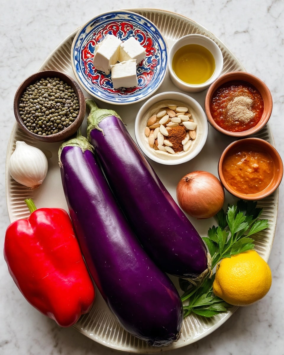 Two long eggplants, one deep purple and one bright purple, lie side by side on a large white plate with ridged edges. On the plate, a small white bowl decorated with blue patterns is filled with sliced almonds. A small circular plate with a red, blue, and white floral design holds two chunks of white cheese. Close by, a small white bowl contains a dab of brown powder on a golden liquid. Another small white bowl is filled with green lentils. There is a small dark wooden bowl with a single white peeled onion. Below, a bright red bell pepper and a whole yellow lemon are placed next to a round purple onion. Two small bowls, one terracotta and the other white, hold thick beige and vibrant red sauces, respectively. A small plate with green parsley leaves adds freshness to the set, all arranged on a white marbled background. Photo taken with an iphone --ar 4:5 --v 7