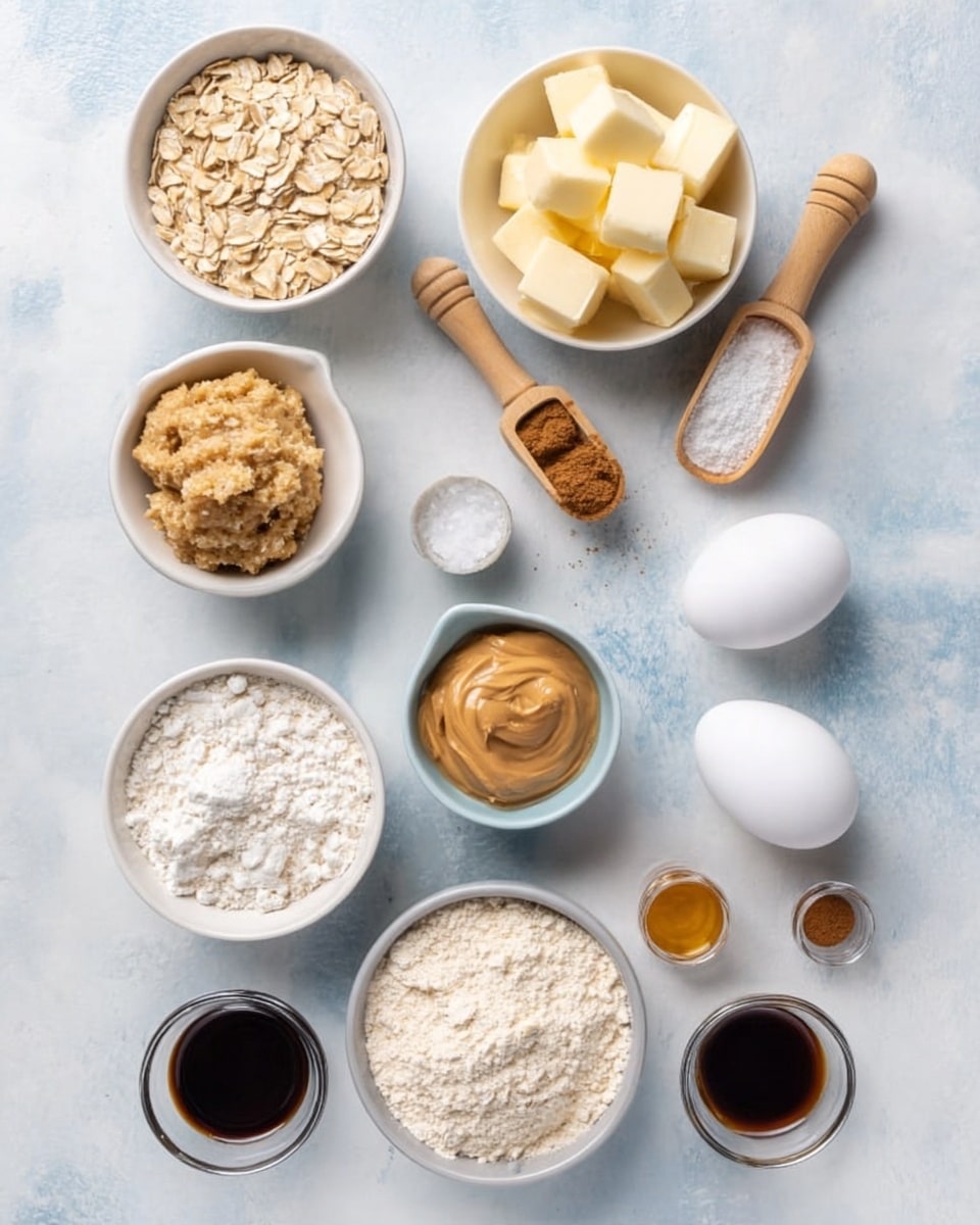The image shows a flat lay of various baking ingredients on a white marbled surface. There are small white bowls holding light beige oats, light yellow butter cubes in the center, and creamy light brown peanut butter. Wooden scoops contain white flour and fine white sugar. A small white ceramic cup holds light brown brown sugar, and another scoop has more white sugar. A single white egg is placed between a small clear bowl of salt and an empty clear measuring cup. Two small dark containers hold dark vanilla extract and dark brown cinnamon powder. The colors vary from white bowls and scoops to creamy yellows, light browns, and darks, arranged neatly with soft natural light. Photo taken with an iphone --ar 4:5 --v 7