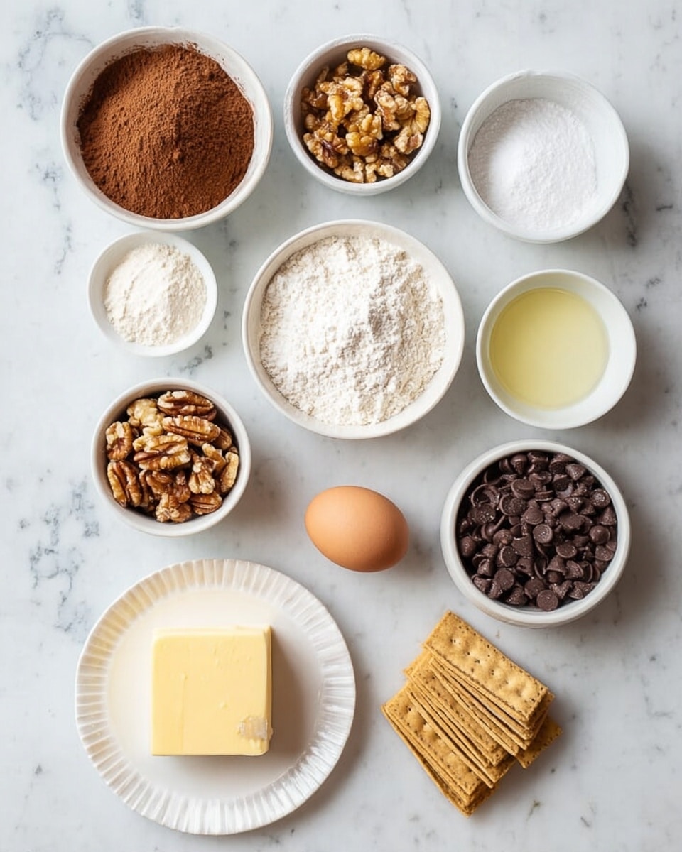 The image shows 11 white bowls and plates placed on a white marbled surface, each containing different baking ingredients arranged neatly. The ingredients include brown cocoa powder in a small bowl at the top left, light golden walnut halves in a small bowl at the top right, white granulated sugar in a small bowl center top, chopped pecans in a small bowl center left, a medium bowl with a heap of white powdered sugar in the center, a small bowl with white flour center right, a small bowl with a liquid cream near the top right, a smaller bowl with a clear liquid below the flour bowl, a single light brown egg placed near the small bowls, a white bowl filled with dark brown chocolate chips in the bottom right, a small stack of light brown square crackers next to the chocolate chips, and a white fluted plate at the bottom left holding a stick of pale yellow butter and two small butter pats. photo taken with an iphone --ar 4:5 --v 7