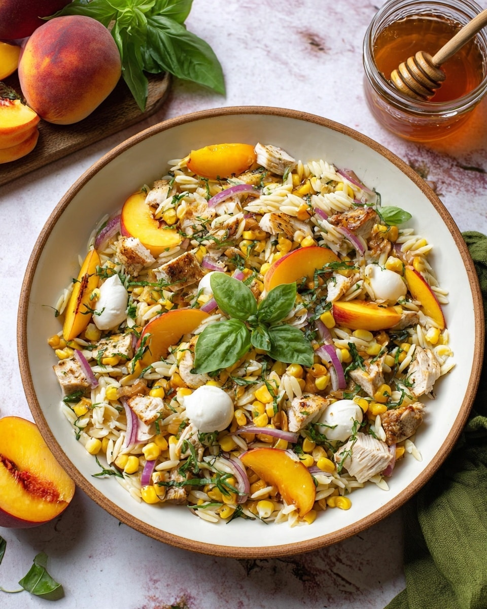 A white bowl with a wooden rim holds a fresh salad with many layers: small white orzo pasta is mixed with yellow corn kernels and chunks of grilled light brown chicken scattered throughout. Bright orange peach slices add color, alongside small white mozzarella balls. Thin slices of light purple onion are spread on top, with fresh green basil leaves finishing the mix. The bowl rests on a white marbled surface, with whole peaches and basil leaves nearby, and a glass jar of honey with a wooden honey dipper above it. photo taken with an iphone --ar 4:5 --v 7