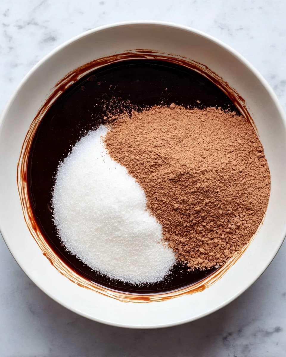 A white bowl contains a dark, smooth chocolate liquid base that fills the bottom and sides. On top are two separate dry layers: on the left, a bright white granular texture of sugar, and on the right, a light brown powder of cocoa, both sitting neatly side by side. The edges of the bowl have some streaks where the dark chocolate liquid touched the sides. The bowl is placed on a white marbled surface. photo taken with an iphone --ar 4:5 --v 7