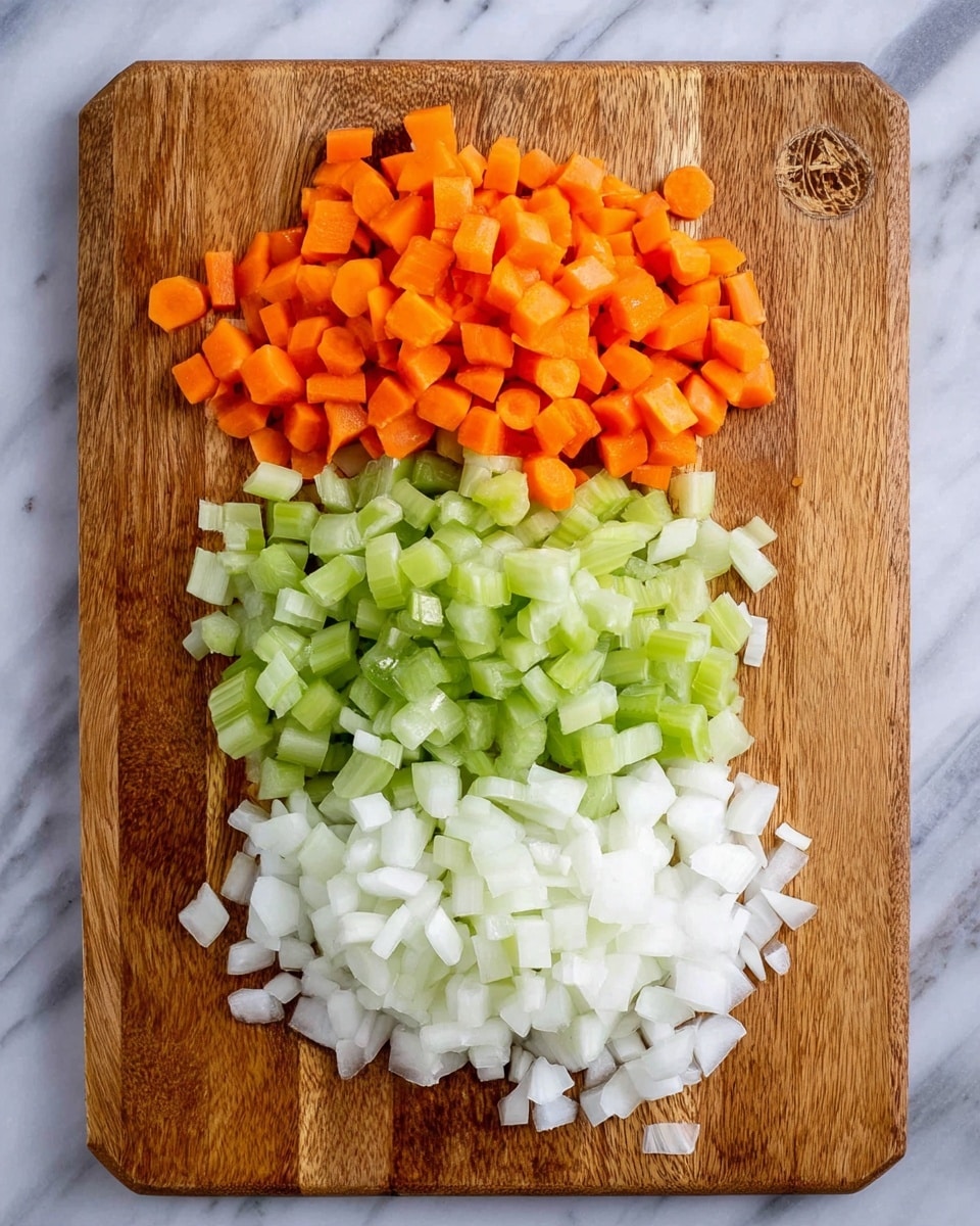 A wooden cutting board placed on a white marbled surface holds three neat piles of diced vegetables arranged in horizontal layers. The top layer has small, bright orange carrot cubes with smooth edges. Below it, there is a middle layer of light green celery pieces, cut into small curved chunks. The bottom layer consists of white onion pieces, roughly chopped with a slightly translucent texture. The wooden board has a warm, natural grain pattern visible under the vegetables. photo taken with an iphone --ar 4:5 --v 7
