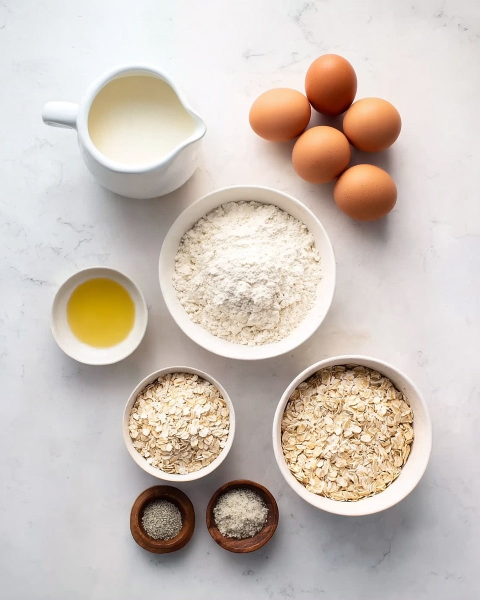 A white marbled surface holds several ingredients arranged neatly: a cluster of four brown eggs at the top right, next to a white pitcher filled with milk on the left. Below the eggs, a white bowl contains pale yellow liquid, likely oil. Surrounding the oil bowl are other small white bowls with different ingredients: light brown rolled oats on the right, a large white bowl in the center filled with white flour, a bowl in front of it containing light beige seeds or grains, and two small wooden bowls on the lower sides holding light brown and grayish powders. The setup shows all ingredients clearly with soft lighting. Photo taken with an iphone --ar 4:5 --v 7