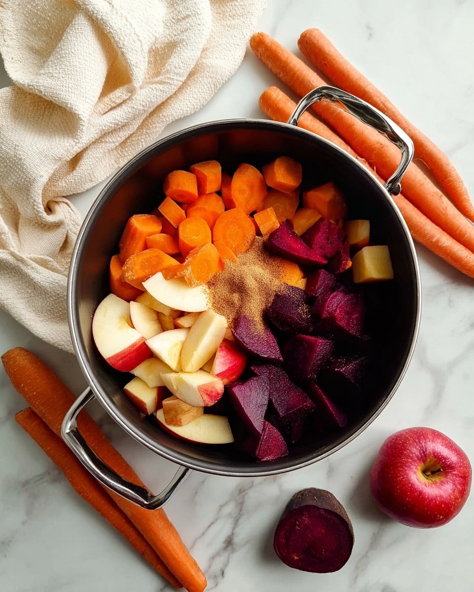 A top view of a black pot containing three main layers of chopped food items, arranged side by side: bright orange carrot chunks on the left, red and white apple slices in the middle, and deep purple beet pieces on the right. A small sprinkle of brown powder spice rests on top of the apple and beet sections. The pot has silver handles and sits on a white marbled surface with a cream-colored cloth on the left side. Around the pot on the surface are whole raw carrots, small beetroots, and a red apple. photo taken with an iphone --ar 4:5 --v 7