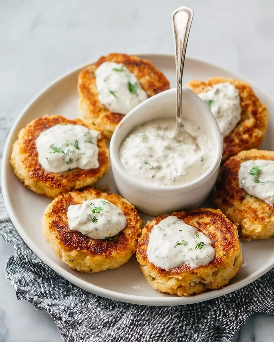 The image shows a white round plate on a white marbled surface, holding five golden brown patties with a slightly crispy texture. Each patty has a spoonful of white creamy sauce with small green herbs on top. In the middle of the plate is a white ceramic sauce boat filled with the same creamy sauce. Part of a grey textured cloth is visible under the plate. Photo taken with an iphone --ar 4:5 --v 7