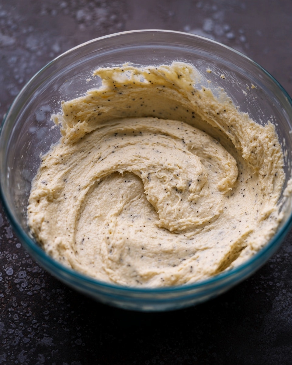 The image shows a close-up view of a creamy dough or batter with a light beige color and small dark specks throughout, resting inside a clear glass bowl. The mixture has a fluffy and slightly rough texture with soft peaks and swirls, especially visible near the center and edges where it sticks to the bowl. The bowl sits on a dark surface with some textured spots in the background. Photo taken with an iphone --ar 4:5 --v 7