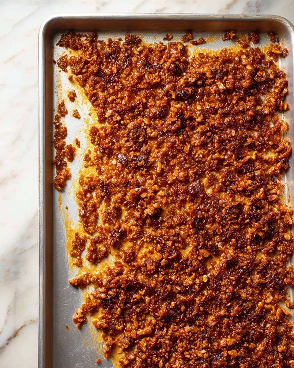 The image shows a large silver baking tray filled with a single uneven layer of crispy, golden-brown and dark caramelized mixture. The mixture is textured with small crunchy bits and looks sticky and shiny in some areas, giving a rough uneven surface. The edges are irregular with some parts spread thinly and others thicker, revealing a range of golden to deep brown colors. The tray is placed on a white marbled surface. photo taken with an iphone --ar 4:5 --v 7