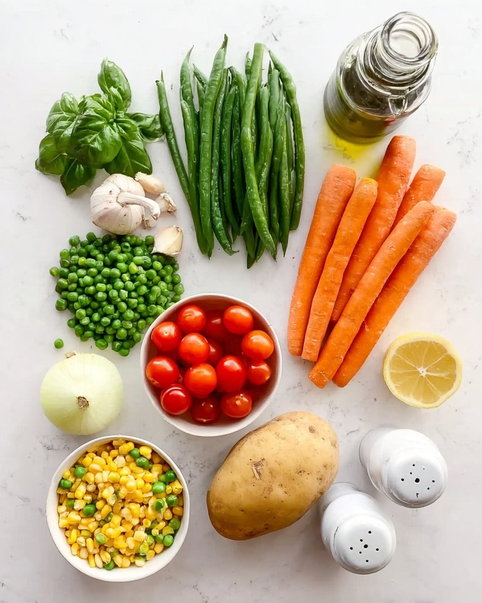 The image shows a top view of fresh ingredients placed on a white marbled surface. At the center bottom is a single light brown potato, with a half lemon cut placed to its right. Above the potato is a pile of green beans, and above the beans are six fresh cucumbers stacked side by side. To the left of the cucumbers are four bright orange carrots stacked diagonally. Close to the left edge is a small white bowl filled with bright red cherry tomatoes, and below this bowl is another white bowl containing yellow corn and green peas side by side. On the top left, there is a bunch of fresh green basil leaves. Above the carrots, two cloves of garlic and one whole onion are placed next to a glass jar of green herbs and a bottle of oil. To the right, there are two white salt and pepper shakers. The overall layout is neat, colorful, and bright. photo taken with an iphone --ar 4:5 --v 7