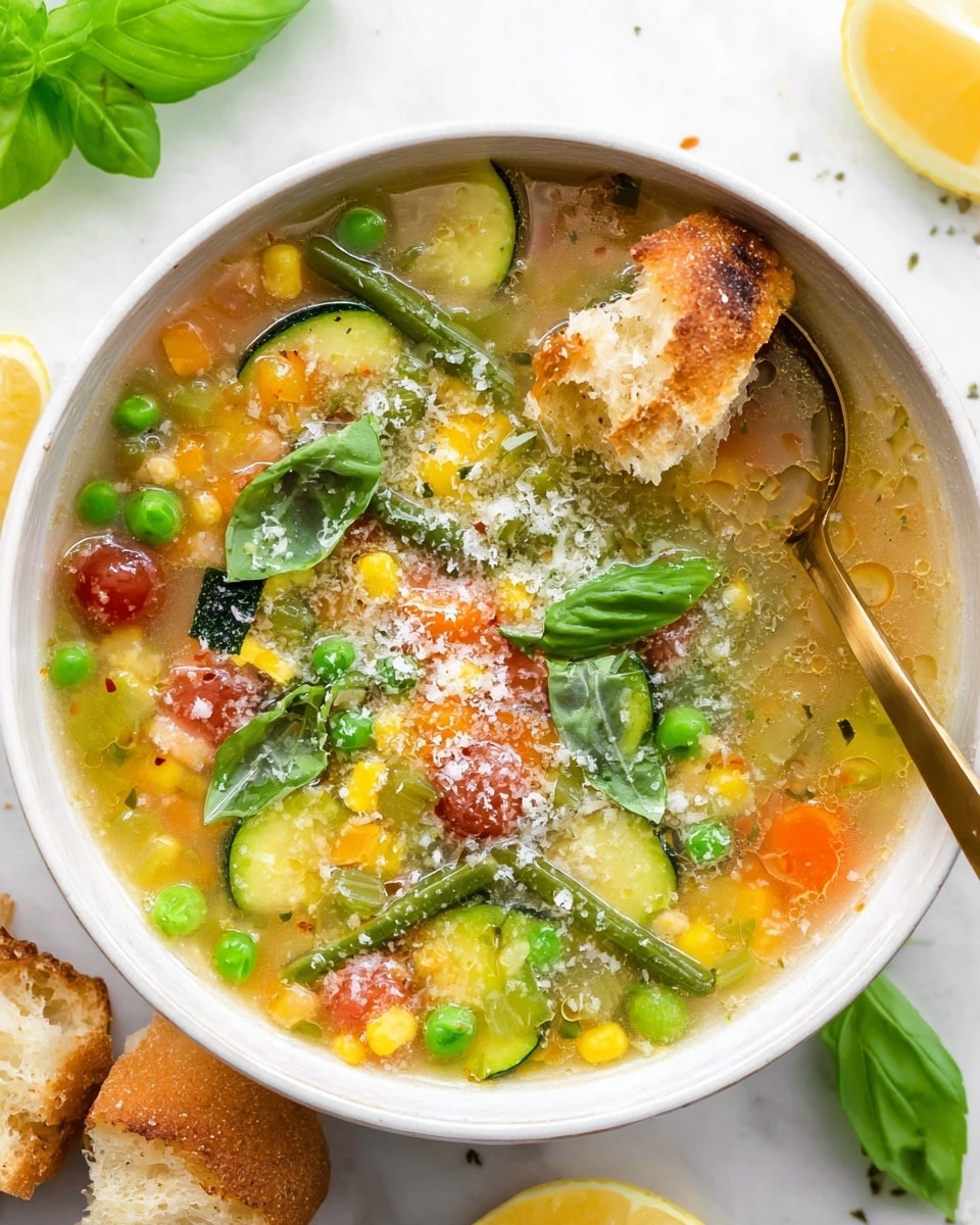 A white bowl filled with clear vegetable soup showing three main layers: a base broth layer that is light yellowish with oil droplets floating, a layer of mixed vegetables including bright green peas, zucchini slices, green beans, yellow corn, orange carrots, and red cherry tomato halves scattered throughout, and a top layer of grated cheese sprinkled finely. There are also fresh green basil leaves placed on the vegetable layer. Two torn pieces of crusty bread float in the soup. A golden spoon rests inside the bowl poking through the soup near the top right edge. The bowl sits on a white marbled surface with green basil leaves and lemon wedges placed around it. Photo taken with an iphone --ar 4:5 --v 7