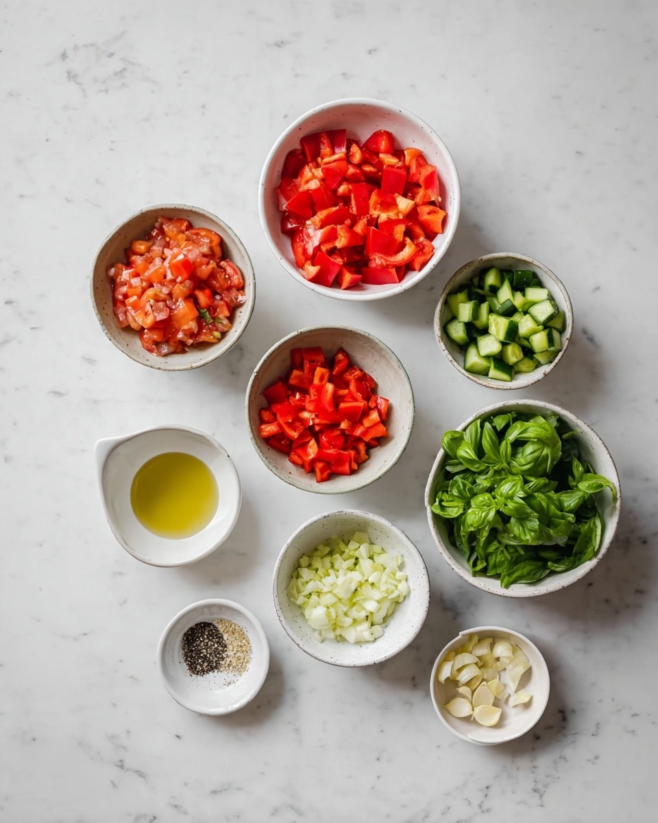The image shows eight white bowls arranged on a white marbled surface, each with different fresh ingredients. The top bowl holds bright red chopped tomatoes, the second bowl below it contains chopped red bell peppers, and the third bowl has bright green fresh basil leaves. Another bowl nearby is filled with green cucumber pieces, while a smaller bowl has small diced shallots. There is also a bowl with light yellow minced garlic cloves, a bowl with a golden liquid that looks like oil, and a small white bowl holding salt and black pepper. The bowls are spaced with some empty space between them, showing a clean and fresh preparation setup. photo taken with an iphone --ar 4:5 --v 7