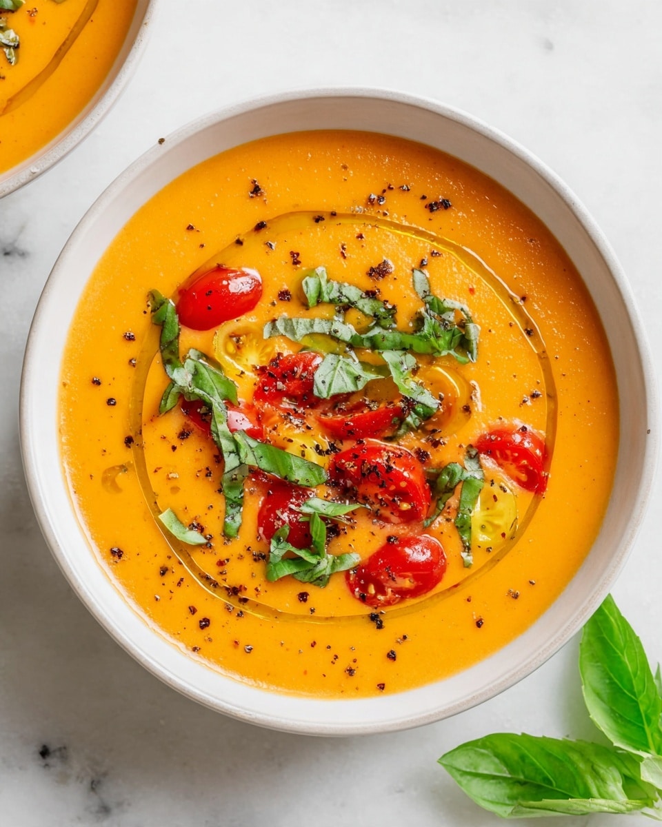 A bowl with creamy orange soup fills most of the frame, topped with small red and yellow cherry tomato pieces scattered around the center. Bright green torn basil leaves are spread over the soup, with a drizzle of golden olive oil creating a loose spiral. Black pepper bits are sprinkled on the surface, adding texture contrast. The bowl is white, placed on a white marbled surface with a couple of green basil leaves nearby. Photo taken with an iphone --ar 4:5 --v 7