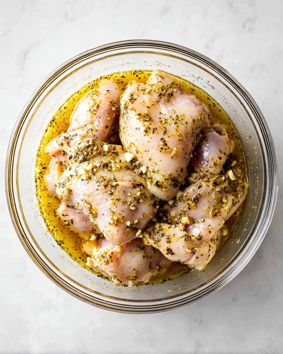 A clear glass bowl placed on a white marbled surface holds several raw chicken pieces covered in a yellowish marinade with visible herbs and small bits of garlic. The chicken pieces are pale pink with a slight shine from the oily marinade. The marinade has specks of green herbs evenly spread, soaking the chicken beneath. The chicken pieces overlap each other, filling the bowl with liquid visible around the edges. Photo taken with an iphone --ar 4:5 --v 7