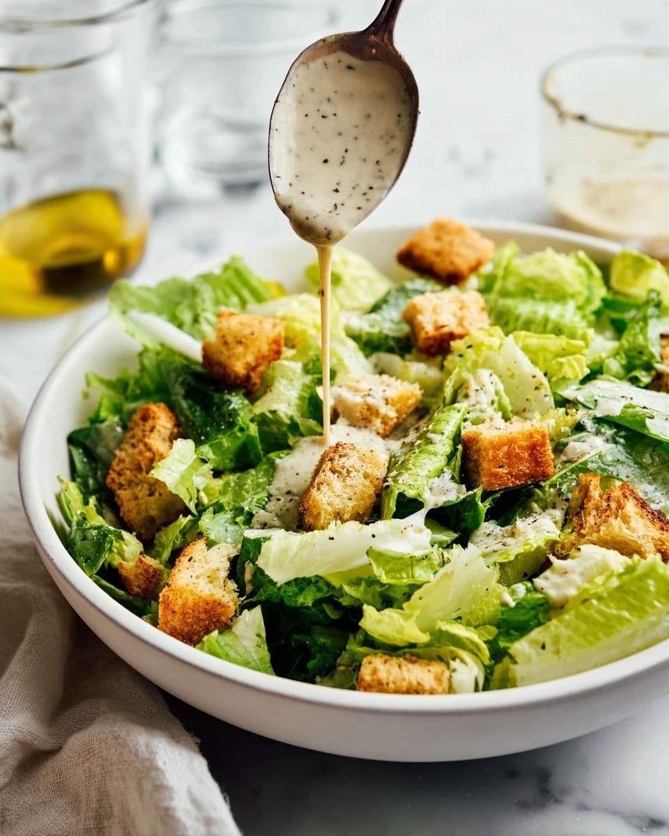A white bowl sits on a white marbled surface filled with fresh green lettuce leaves, torn into medium pieces forming the first layer. Scattered on top are golden-brown croutons with a rough, crispy texture. A spoon is held above the bowl, pouring a creamy, light beige dressing with visible herbs and small seeds over the green lettuce and croutons, creating a smooth second layer. In the background, blurred containers with more dressing and oil add depth to the scene. Photo taken with an iphone --ar 4:5 --v 7