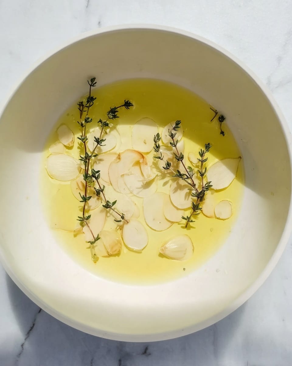 A white pan with a light yellow layer of oil covering the bottom, scattered thin slices of light beige garlic spread unevenly across the oil, and two small sprigs of fresh green thyme lying on top, the scene placed on a white marbled texture. Photo taken with an iphone --ar 4:5 --v 7