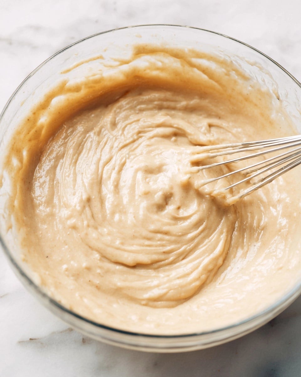 A close-up view of a creamy, light beige batter with a thick and slightly lumpy texture being mixed inside a clear glass bowl. A metal whisk is partially immersed in the batter, showing smooth swirls and folds. The bowl rests on a white marbled surface, enhancing the soft, muted color of the batter. photo taken with an iphone --ar 4:5 --v 7